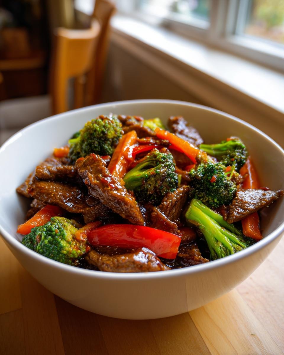 Close-up of a white bowl filled with glossy Beef Stir Fry With Vegetables, featuring broccoli, carrots, and red peppers.