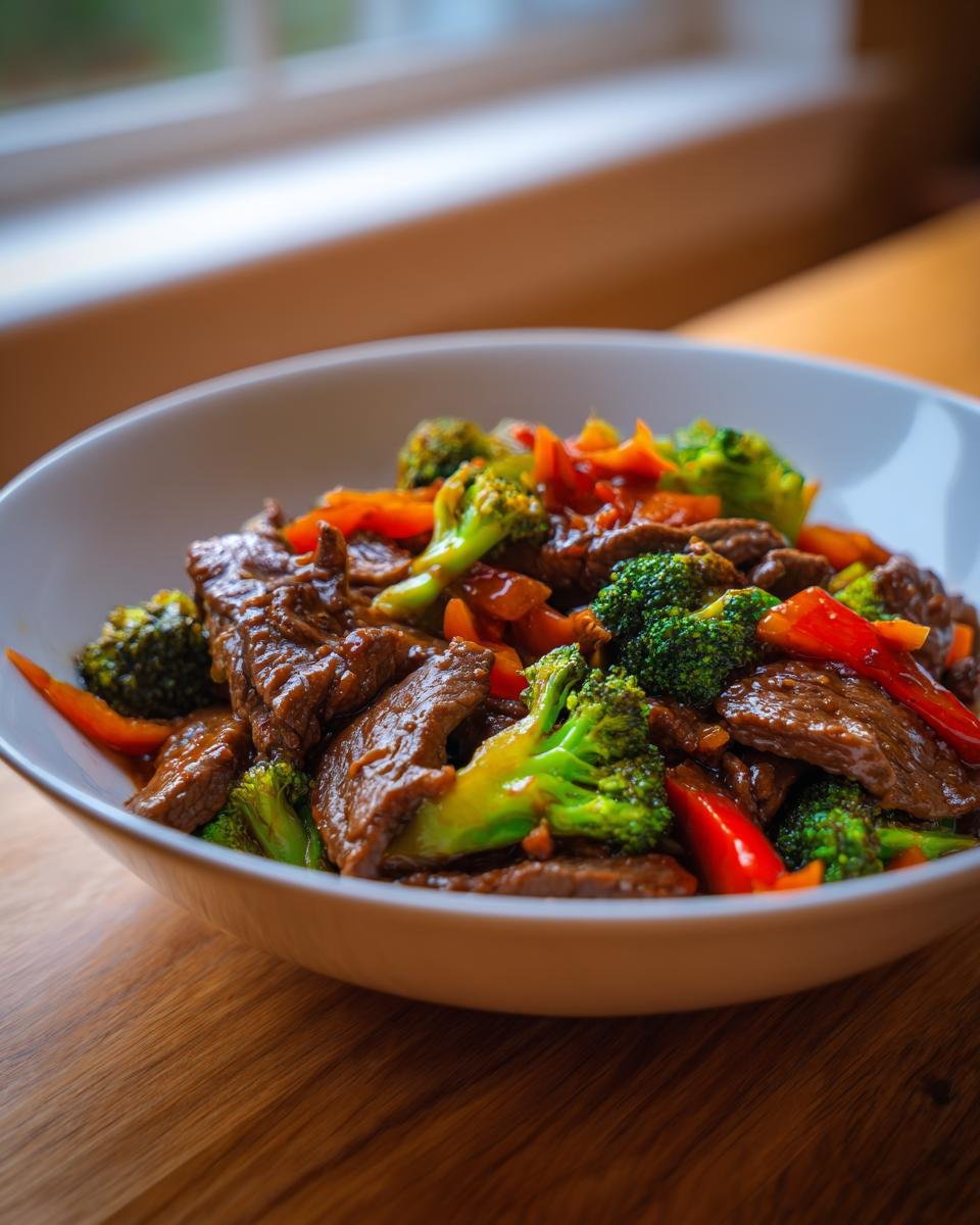 A close-up shot of tender slices of Beef Stir Fry With Vegetables, featuring bright green broccoli and red peppers in a white bowl.