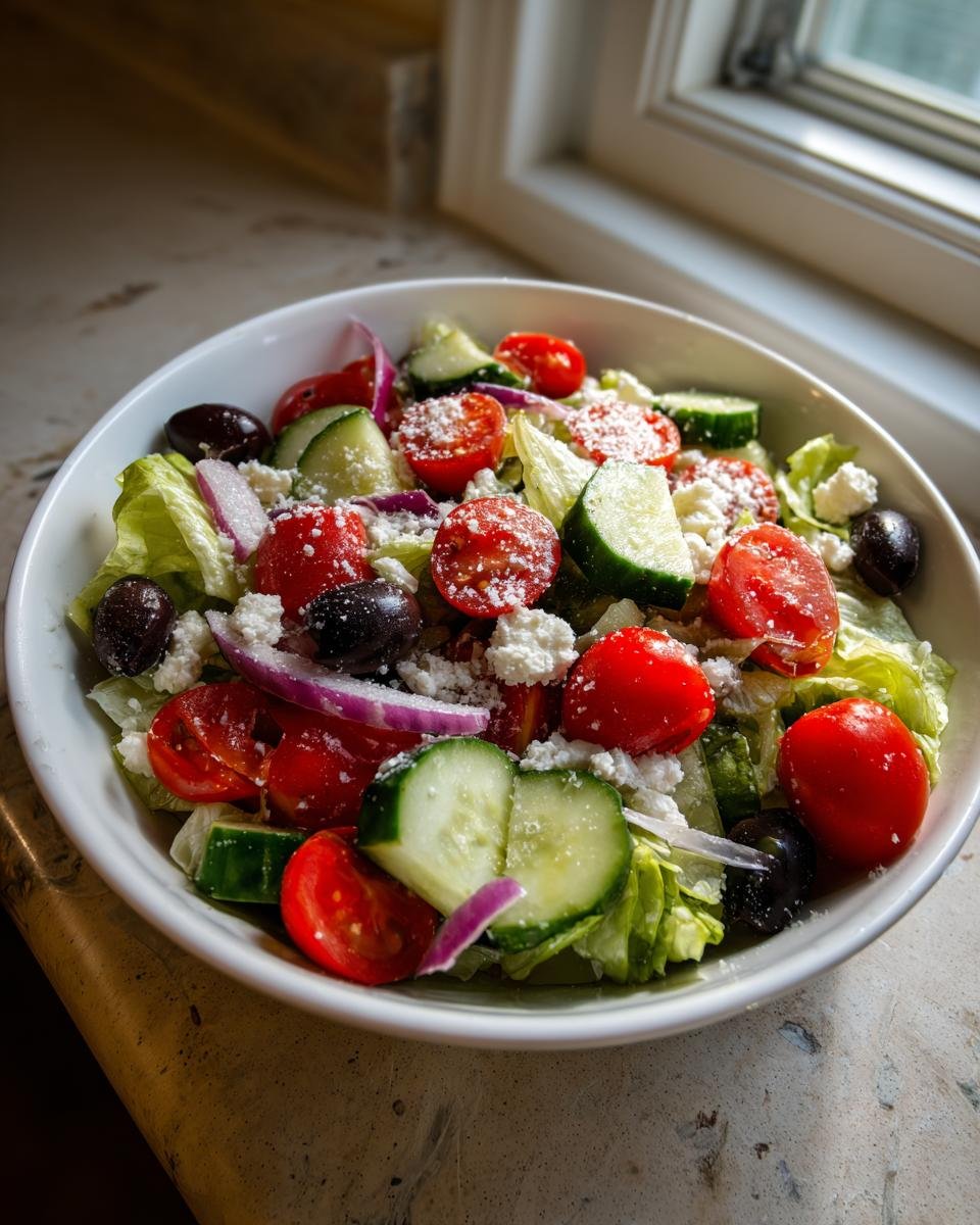 Close-up of a bowl containing a Big Classic Italian Salad with lettuce, cherry tomatoes, cucumbers, red onion, olives, and crumbled cheese.