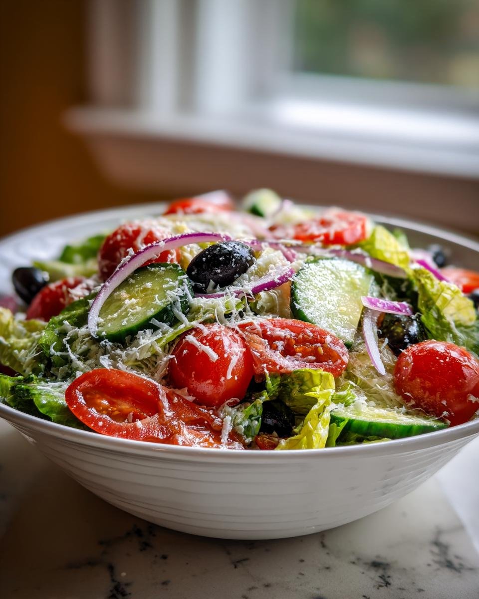 Close-up of a Big Classic Italian Salad featuring lettuce, cherry tomatoes, cucumbers, olives, red onion, grated cheese.