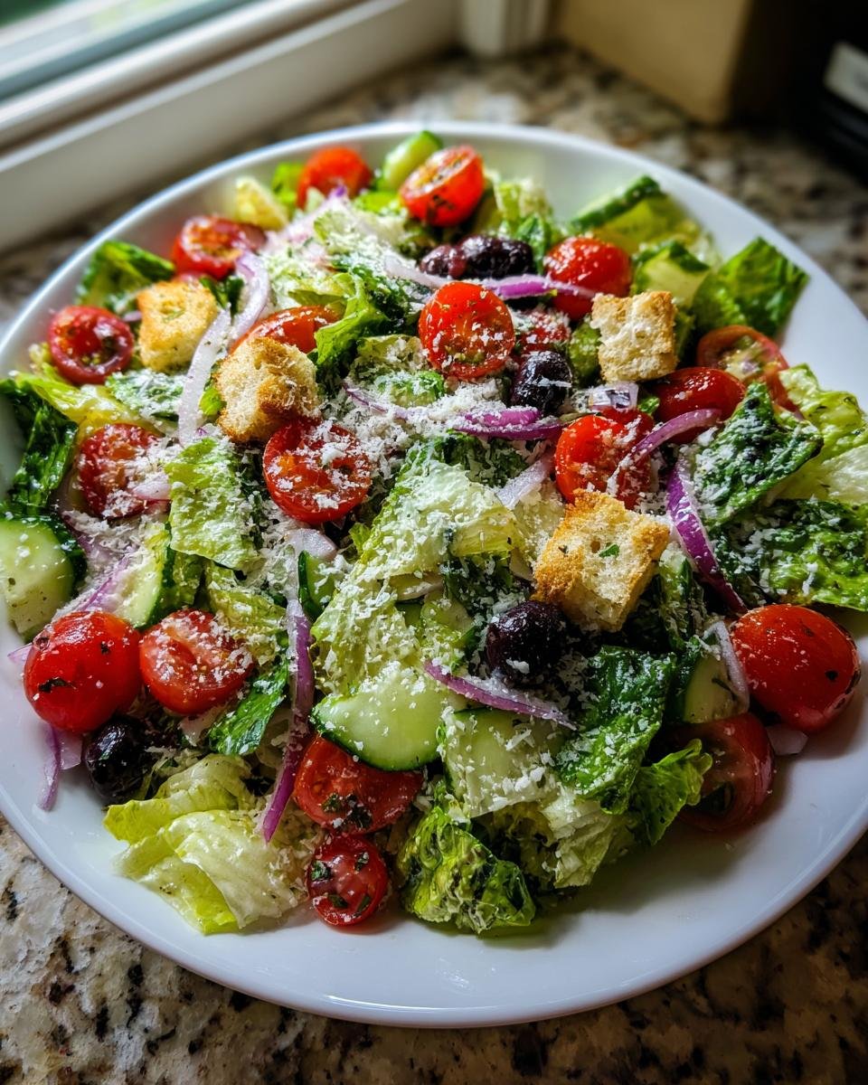 A vibrant Big Classic Italian Salad featuring romaine lettuce, cherry tomatoes, cucumbers, red onion, olives, and grated Parmesan.