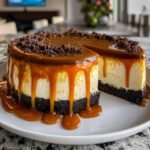 A rich Biscoff Salted Caramel Cheesecake with a thick layer of caramel dripping down the sides and a crumb topping.