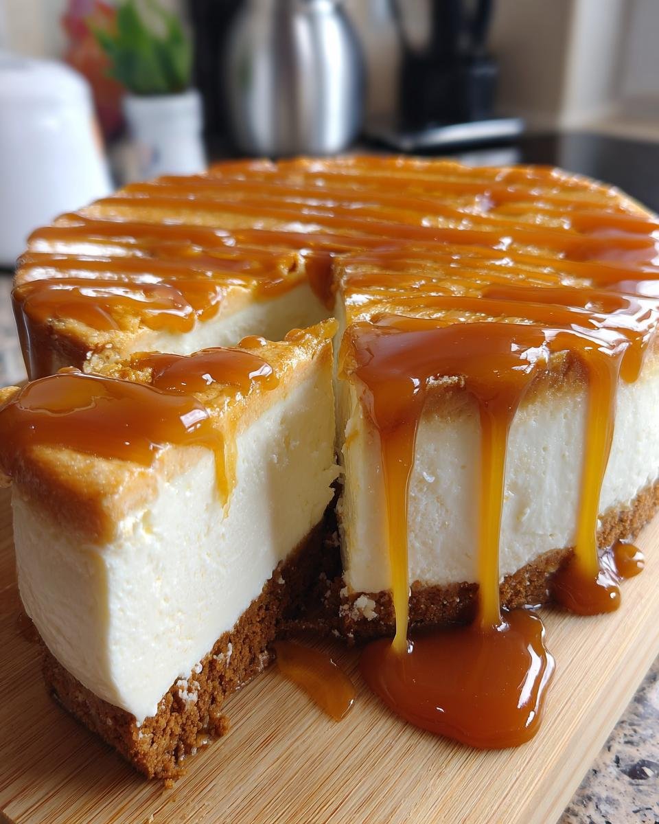 A slice cut from a creamy Biscoff Salted Caramel Cheesecake, generously drizzled with thick caramel sauce.