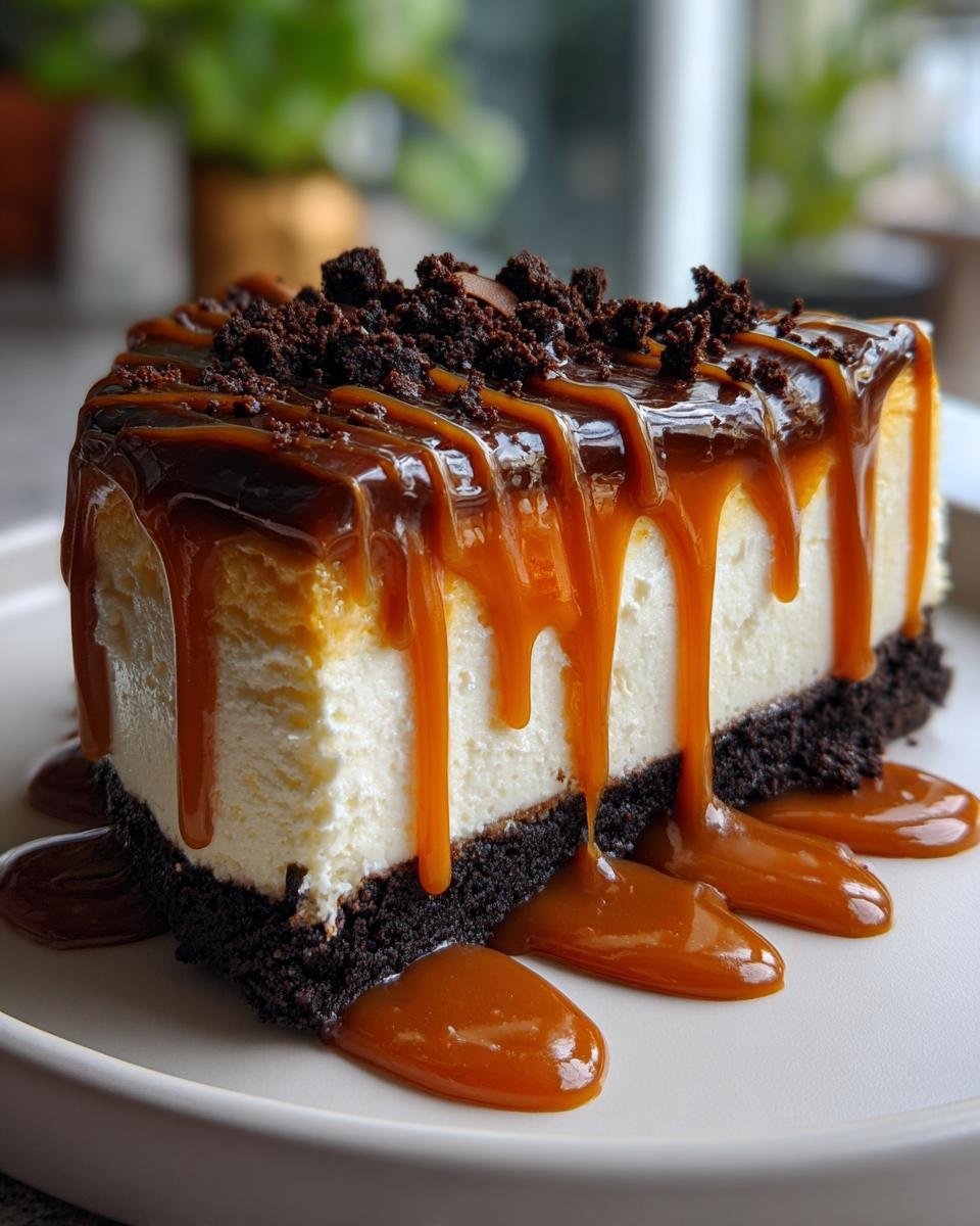 A decadent slice of Biscoff Salted Caramel Cheesecake with thick caramel dripping down the sides and cookie crumbs on top.