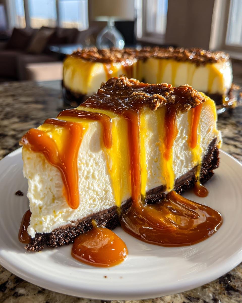 A decadent slice of Biscoff Salted Caramel Cheesecake topped with thick caramel sauce.