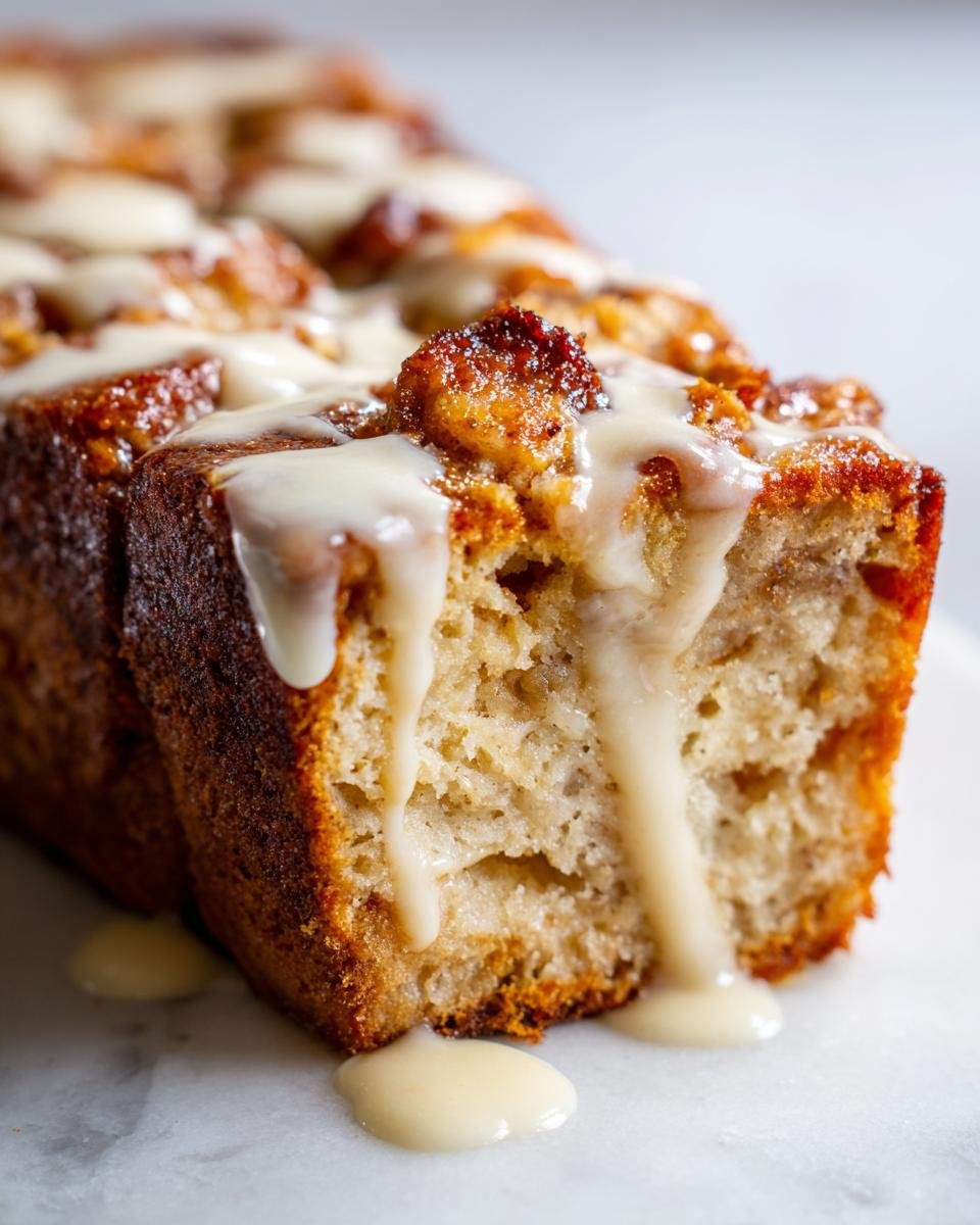 Close-up of a slice of moist bread pudding with vanilla sauce generously drizzled over the top and sides.