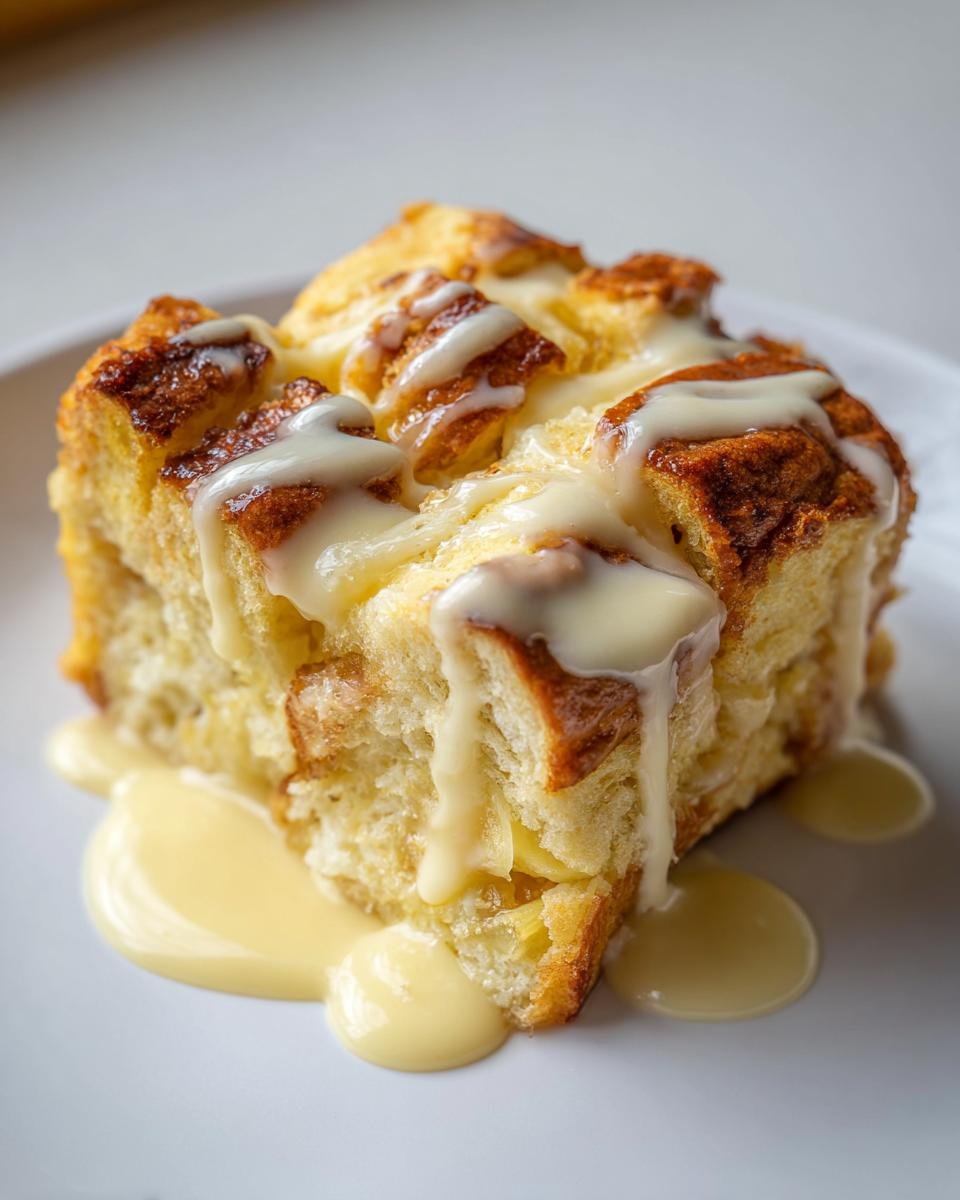 A close-up of a square serving of golden-brown Bread Pudding With Vanilla Sauce drizzled on top and pooling on the plate.
