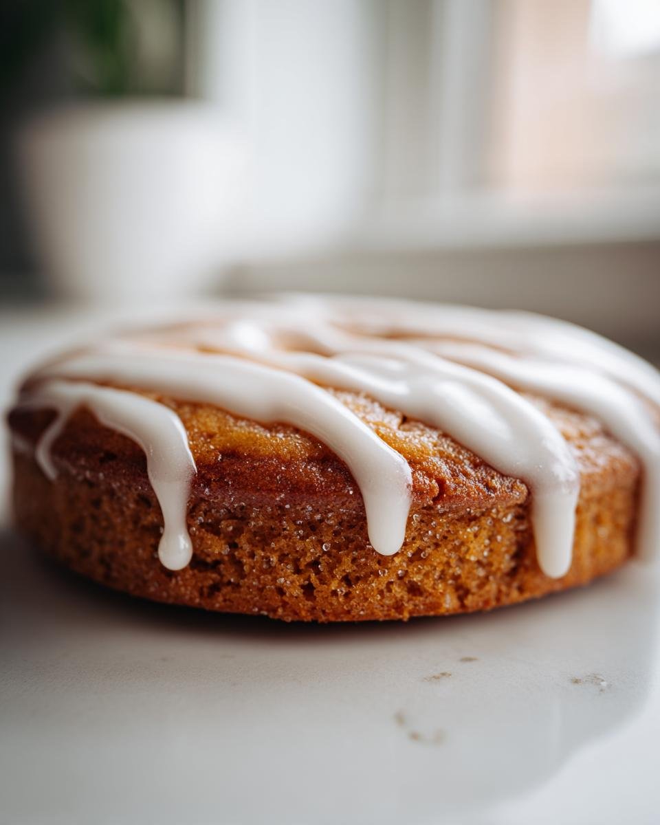 Close-up of a round, golden-brown Brown Sugar Pop Tart Cookie topped with thick white icing drizzle.