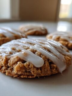 Close-up of a soft, round Brown Sugar Pop Tart Cookie topped with white vanilla icing drizzle.