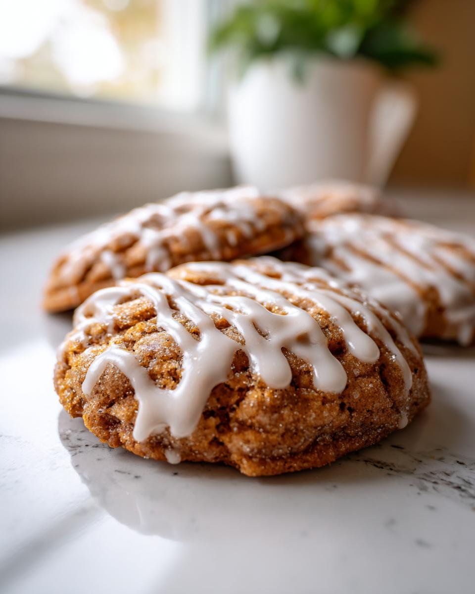 Close-up of soft, thick Brown Sugar Pop Tart Cookies drizzled generously with white vanilla icing.