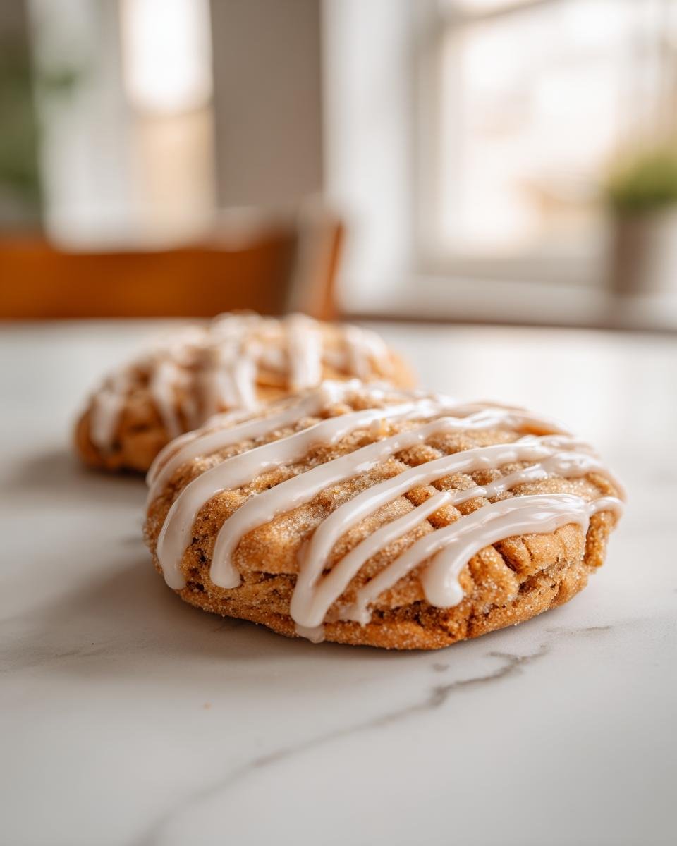 A close-up of two Brown Sugar Pop Tart Cookies topped with white vanilla icing drizzle on a marble surface.