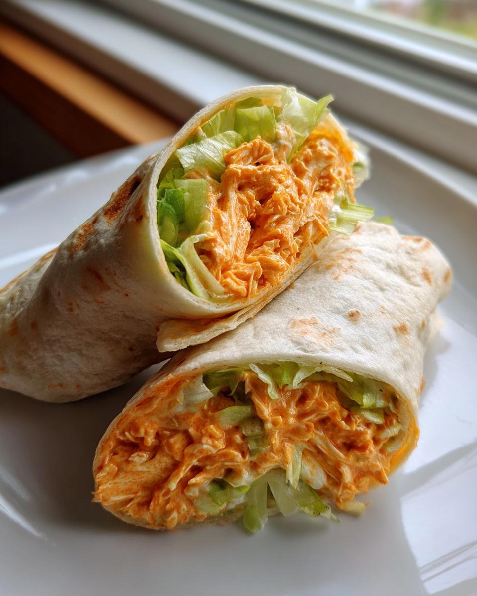 Close-up of a Buffalo Chicken Salad Wrap cut in half, showing creamy orange filling and crisp lettuce.