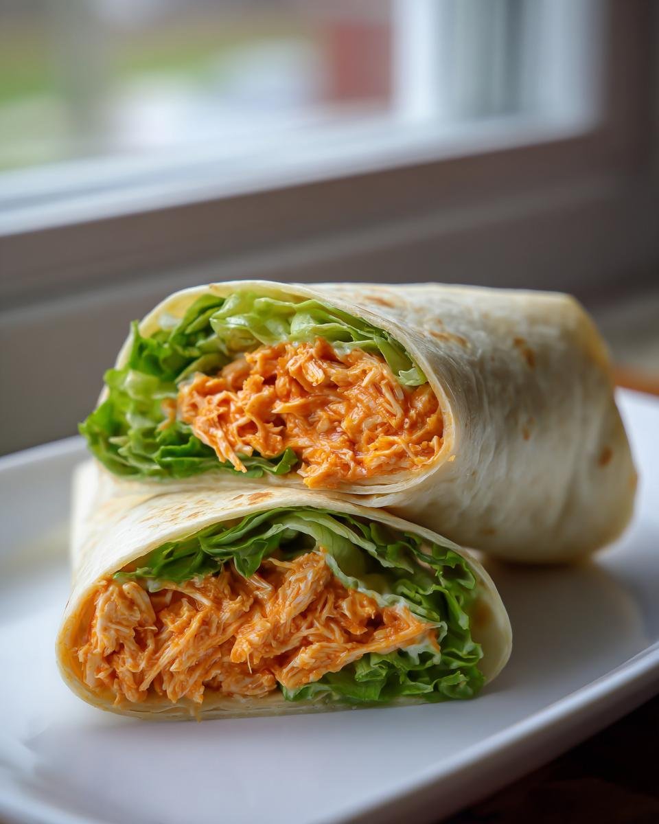 Two halves of a Buffalo Chicken Salad Wrap, showing shredded orange buffalo chicken filling and crisp lettuce inside a tortilla.