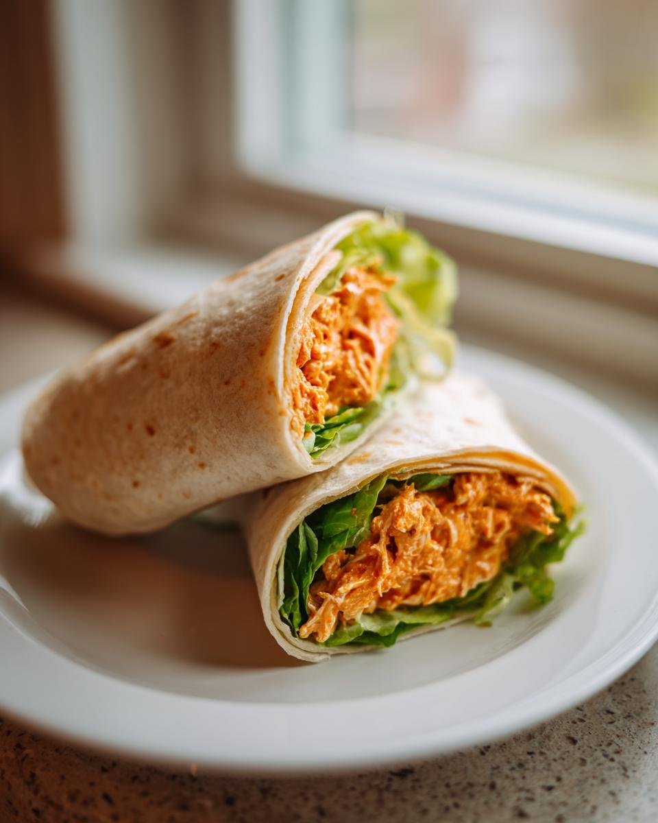 Two halves of a Buffalo Chicken Salad Wrap filled with orange-colored chicken salad and crisp lettuce.