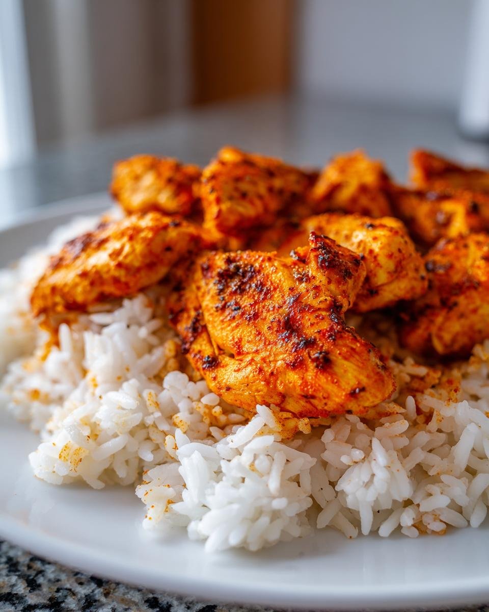 Close-up of seasoned, orange-red Cajun Chicken And Rice served over fluffy white rice on a white plate.