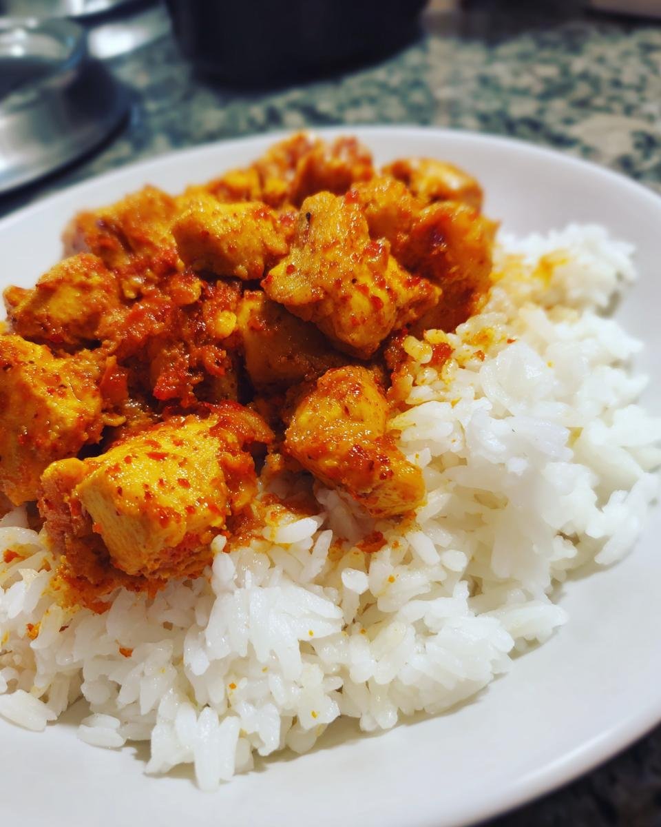 Close-up of seasoned Cajun chicken pieces served over fluffy white rice in a white bowl.