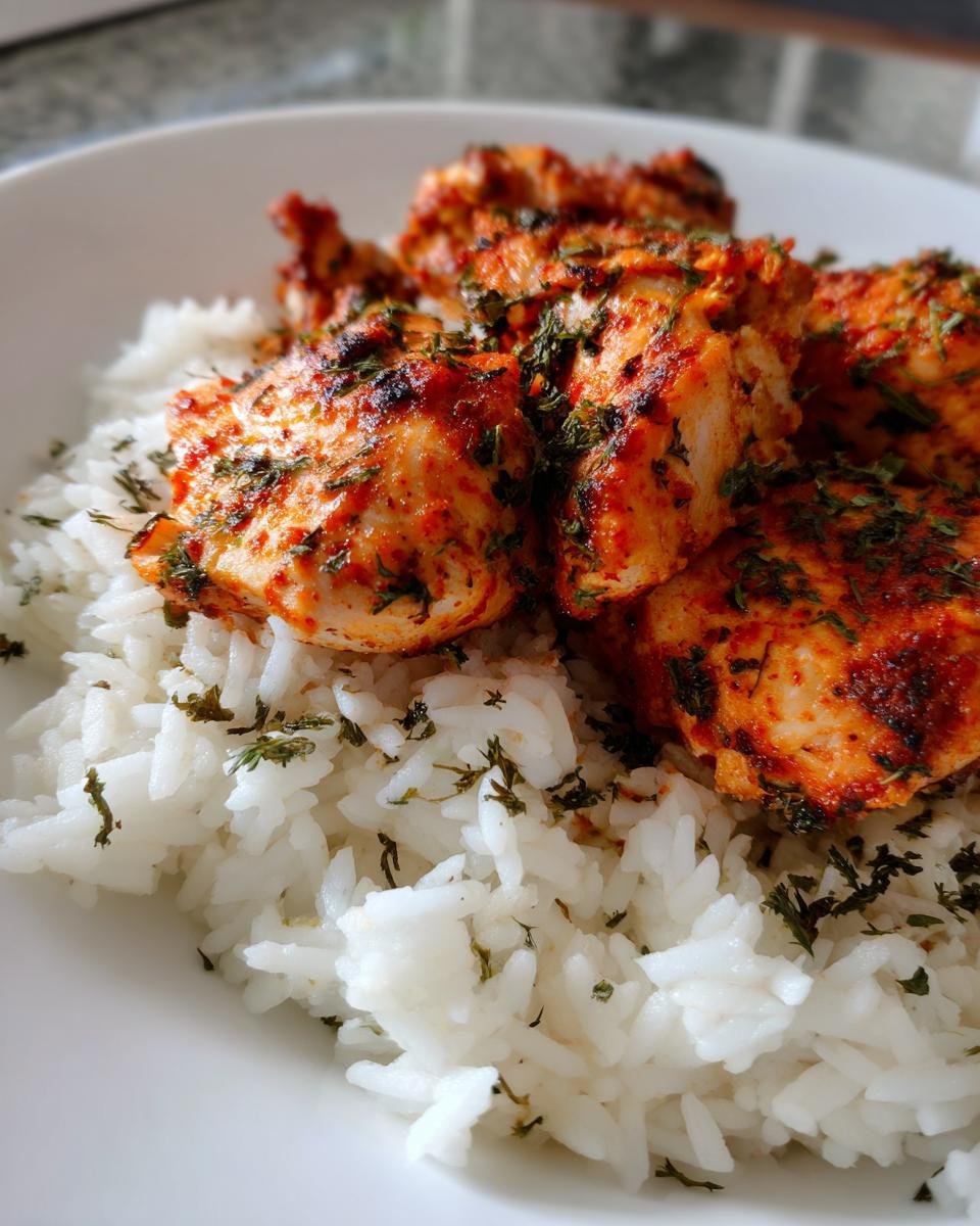 Close-up of seasoned Cajun Chicken And Rice served in a white bowl, topped with chopped green herbs.