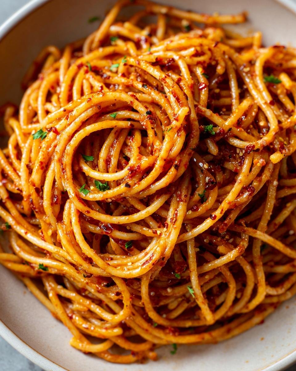 A close-up, overhead shot of a generous serving of spicy Calabrian Chili Pasta twirled high in a light-colored bowl.