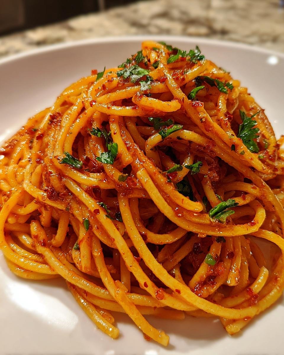 Close-up of vibrant Calabrian Chili Pasta tossed in a spicy red sauce and topped with fresh parsley.