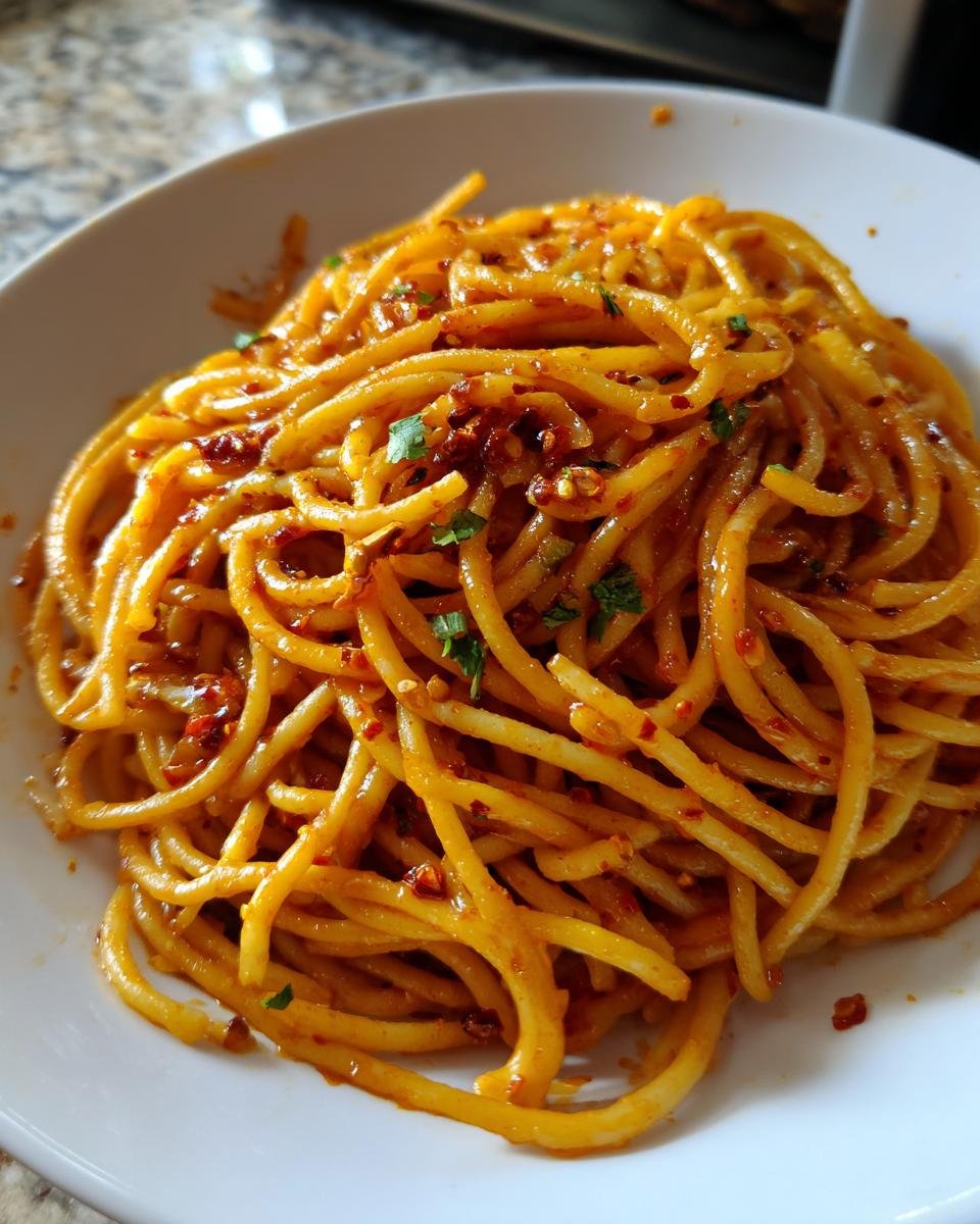Close-up of vibrant Calabrian Chili Pasta tossed in a spicy red sauce, served in a white bowl.