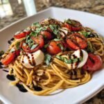 A close-up of Caprese Pasta Salad With Balsamic Glaze featuring pasta, halved cherry tomatoes, mozzarella balls, and fresh basil.
