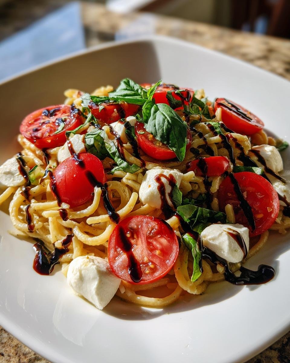 Close-up of Caprese Pasta Salad With Balsamic Glaze featuring pasta, mozzarella balls, cherry tomatoes, and basil.