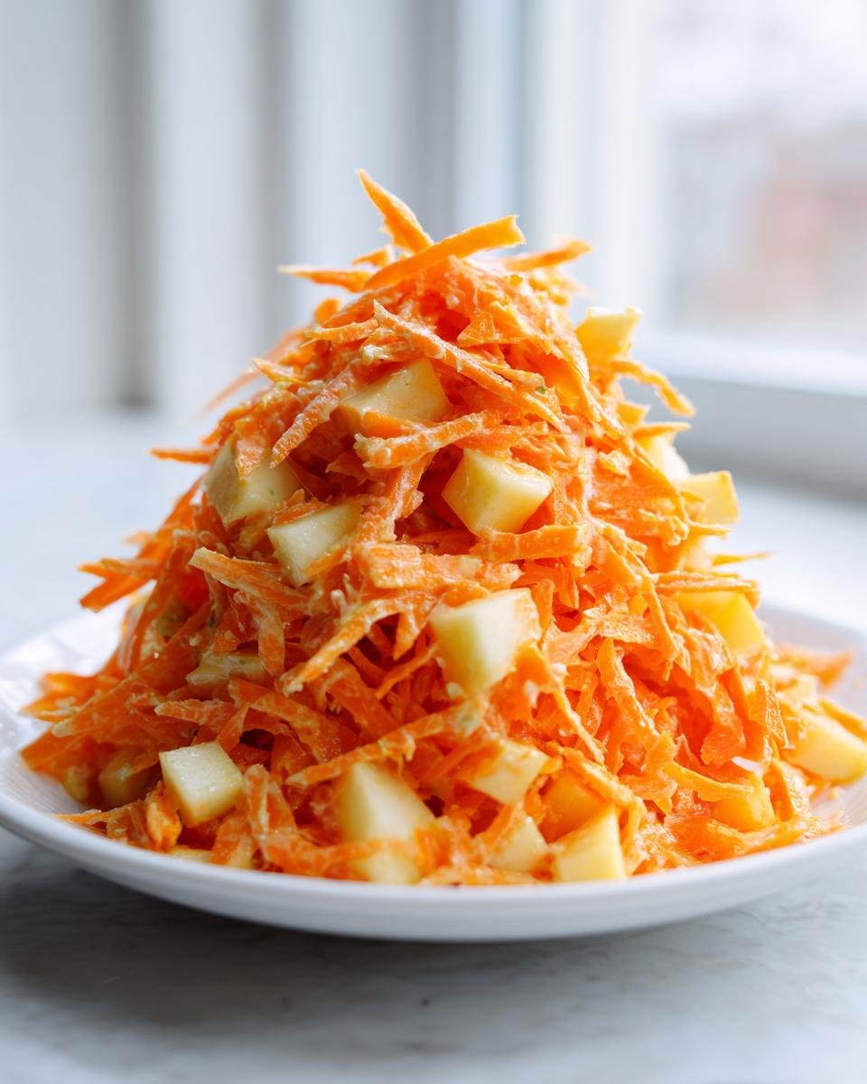 A mound of bright orange shredded carrots mixed with diced apples in a creamy dressing, representing a fresh Carrot Apple Salad.