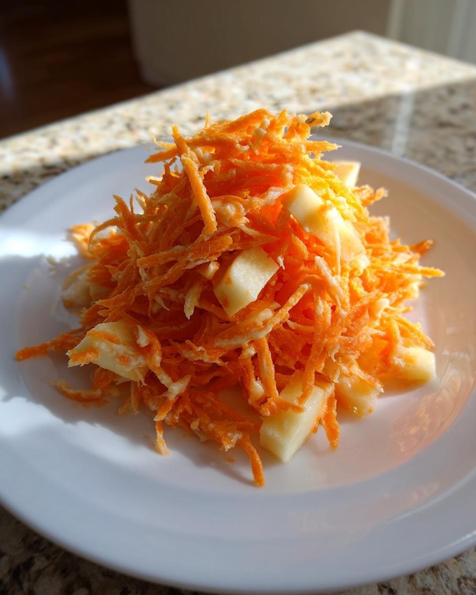 A mound of bright orange shredded carrots mixed with chunks of white apple, served as a Carrot Apple Salad on a white plate.