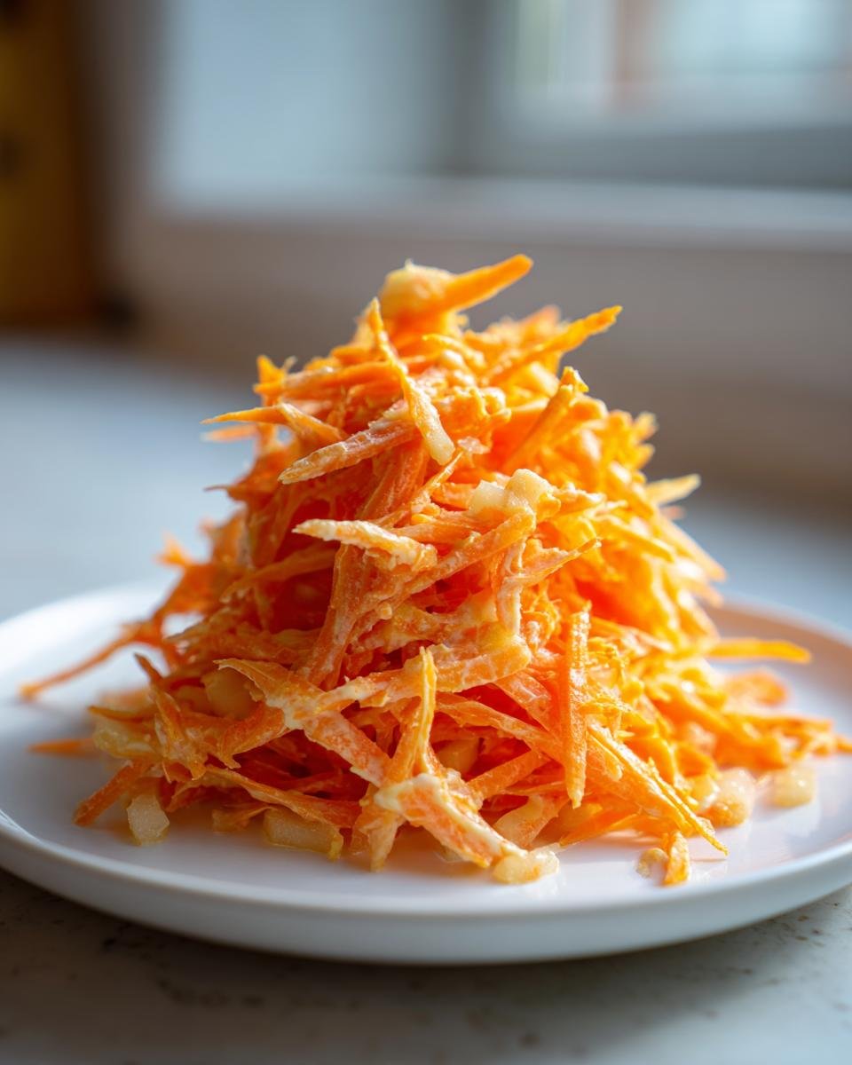 A vibrant mound of shredded Carrot Apple Salad, featuring bright orange carrots and small pieces of apple coated in a light dressing.