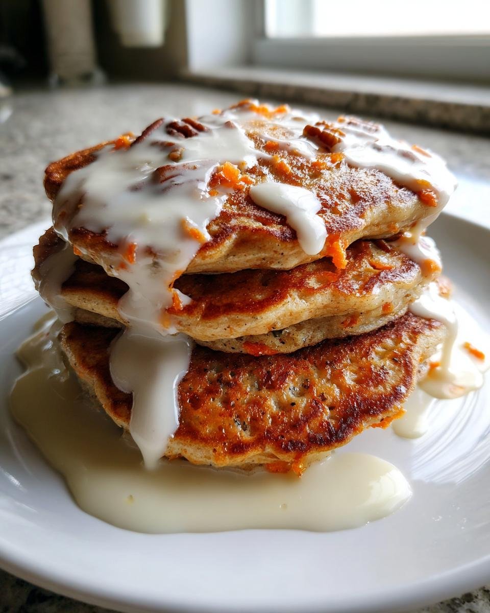 A tall stack of Carrot Cake Pancakes With Cream Cheese, drizzled heavily with white cream cheese frosting and topped with pecans.