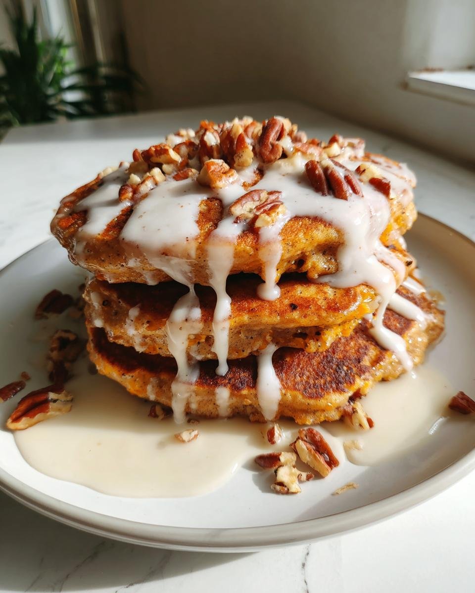 A tall stack of Carrot Cake Pancakes With Cream Cheese glaze drizzled on top and sprinkled with chopped pecans.
