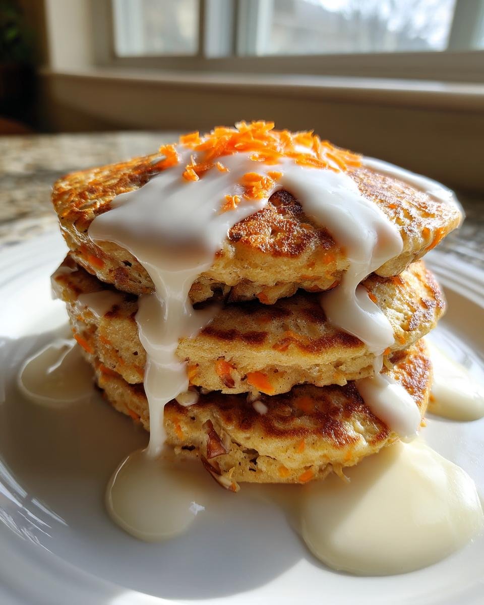 Stack of three Carrot Cake Pancakes With Cream Cheese, drizzled with glaze and topped with shredded carrots.