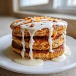 A stack of three Carrot Cake Pancakes With Cream Cheese drizzled heavily with white icing and topped with shredded carrots and pecans.