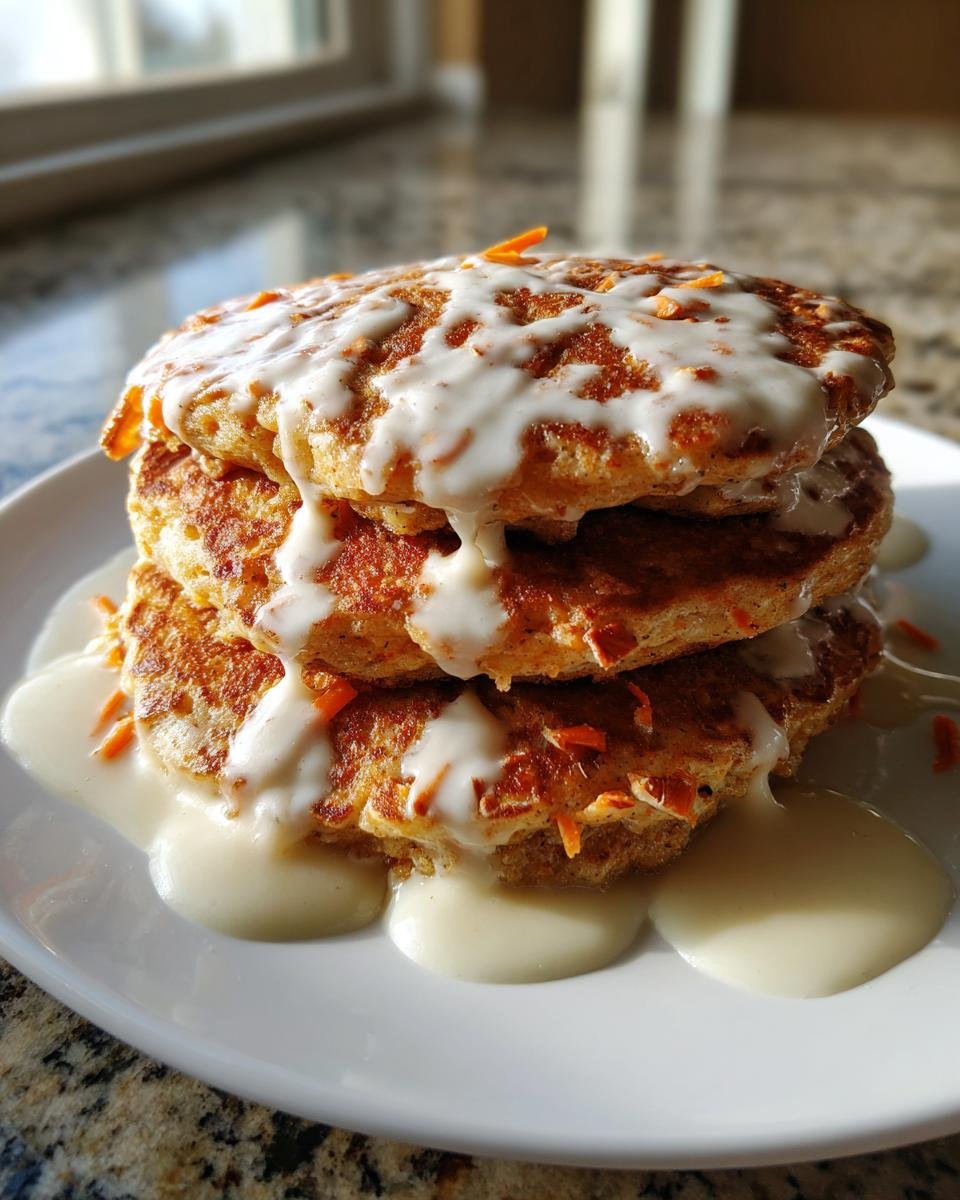 Stack of three Carrot Cake Pancakes With Cream Cheese drizzled with thick glaze.