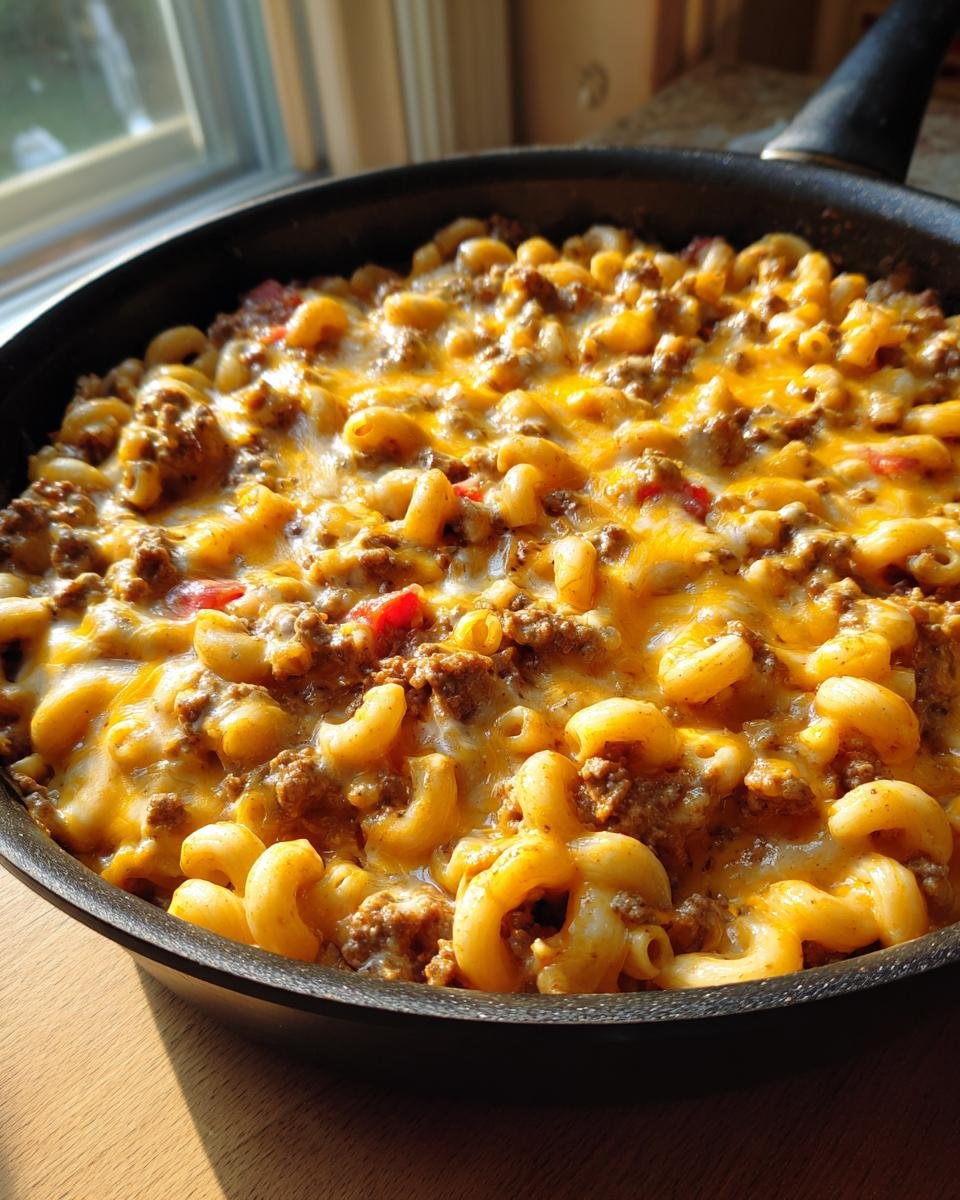 Close-up of a skillet filled with bubbling Cheeseburger Macaroni Skillet topped with melted cheddar cheese.
