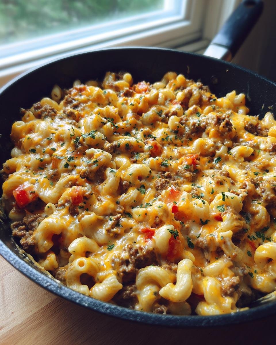 A close-up of a skillet filled with gooey Cheeseburger Macaroni Skillet, topped with melted cheddar cheese and parsley.