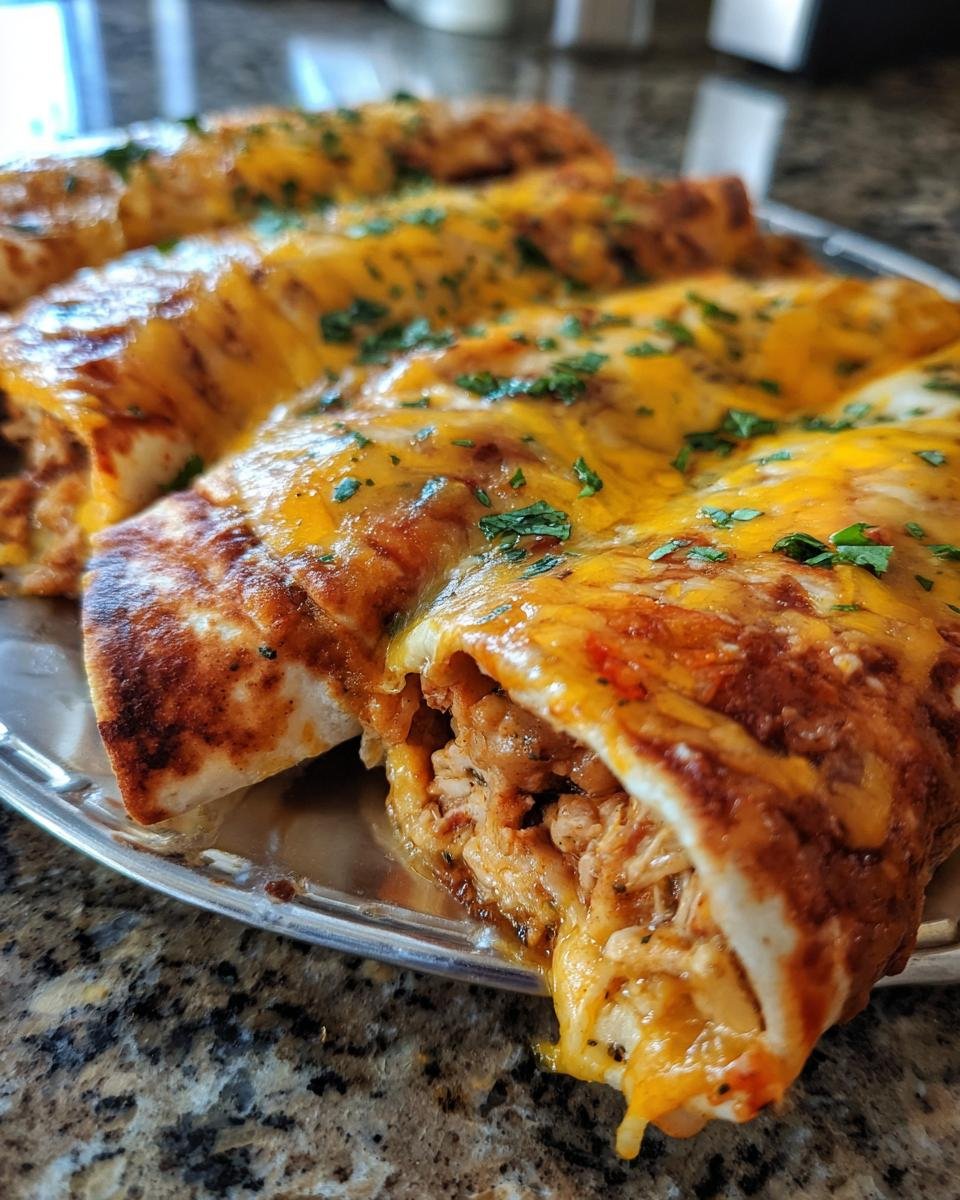 Close-up of several Bean And Cheese Enchiladas covered in melted orange cheese and chopped cilantro on a silver platter.