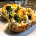 Two halves of Cheesy Broccoli Baked Potatoes stuffed with creamy potato, bright green broccoli florets, and melted cheddar cheese.
