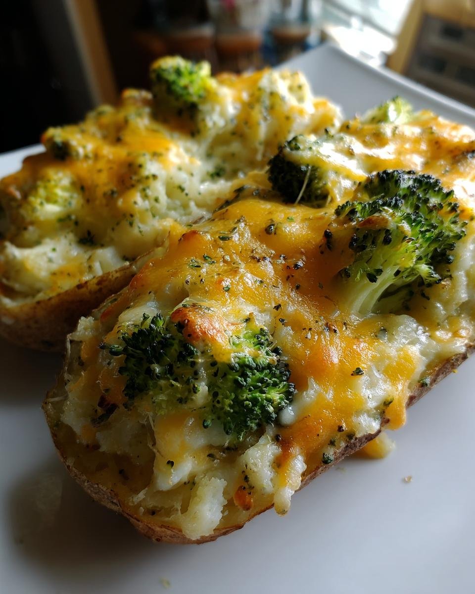 Two halves of baked potatoes stuffed with mashed potato, broccoli florets, and melted cheddar cheese, making delicious Cheesy Broccoli Baked Potatoes.