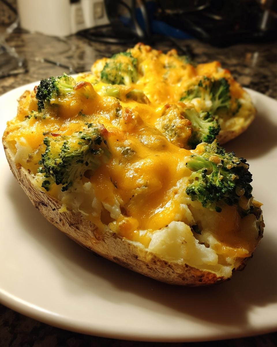Two halves of baked potatoes loaded with mashed potato filling, broccoli florets, and melted cheddar cheese, served on a white plate.