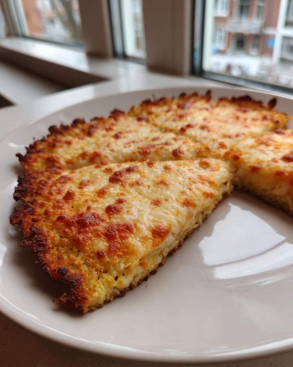 Close-up of cheesy Cauliflower Pizza Crust, sliced and served on a white plate near a window.