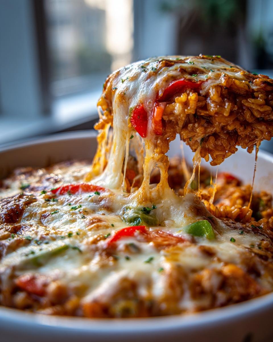 A scoop of cheesy Chicken Fajita Rice Casserole showing incredible cheese pull over the baked dish.