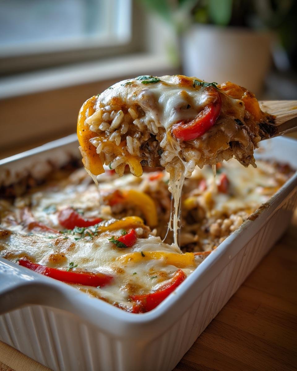 A spoonful of cheesy Chicken Fajita Rice Casserole being lifted from a white baking dish, showing melted cheese stretch.