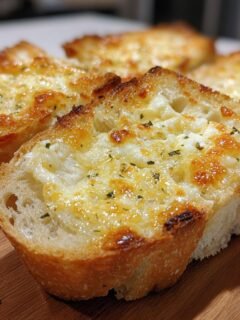 Close-up of four slices of cheesy Garlic Bread With Sliced Bread, golden brown and topped with herbs.