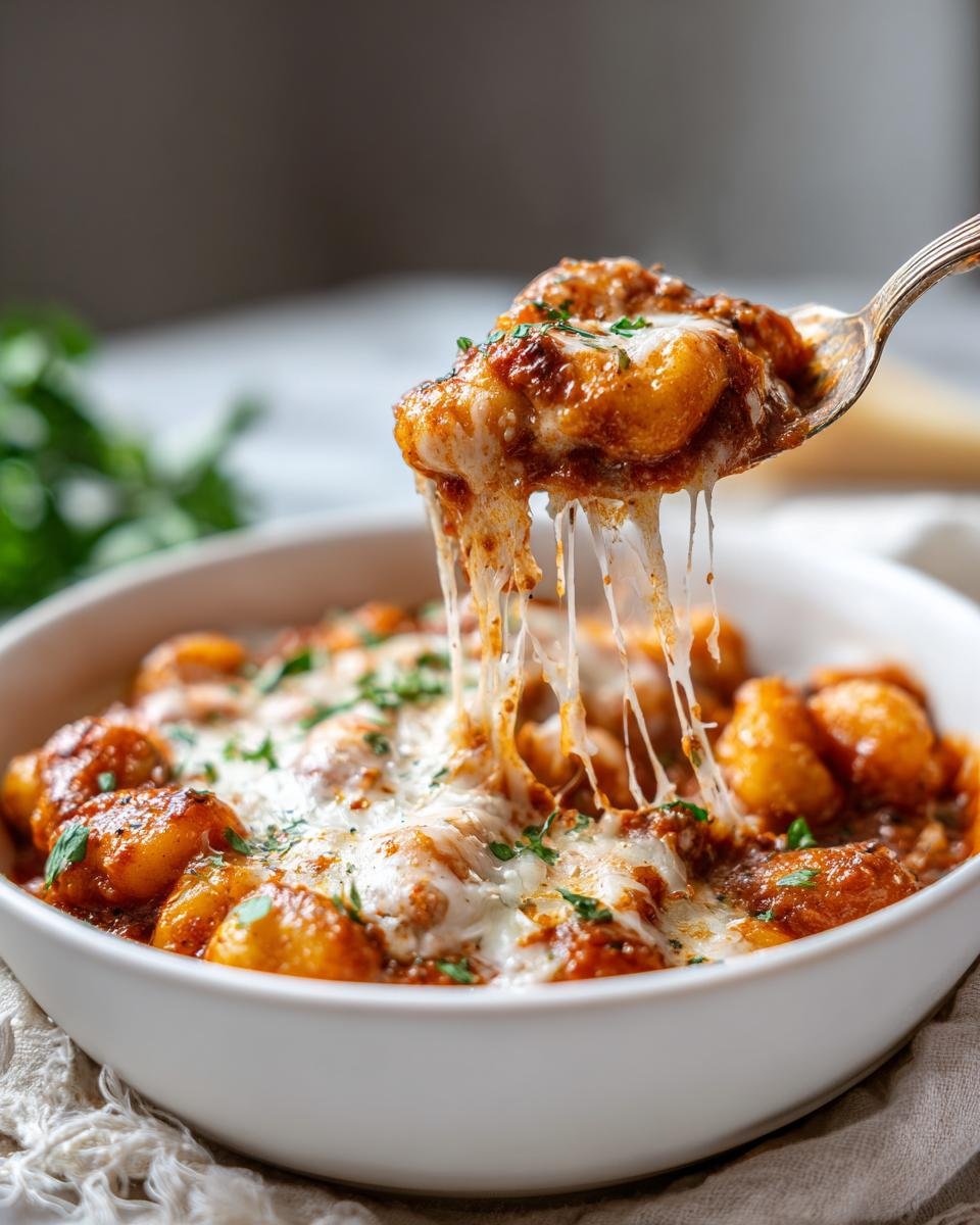 A spoonful of cheesy Gnocchi And Tomato Bake being lifted from a white bowl, showing long, melted cheese pulls.