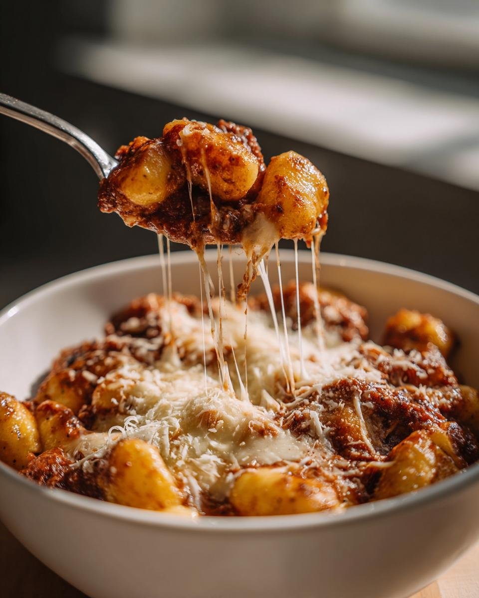A spoonful of cheesy Gnocchi And Tomato Bake showing long, melted cheese pulls over rich tomato sauce.