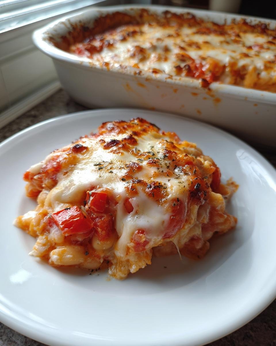 A serving of Cheesy Tomato White Bean Bake topped with bubbly, melted mozzarella cheese on a white plate.