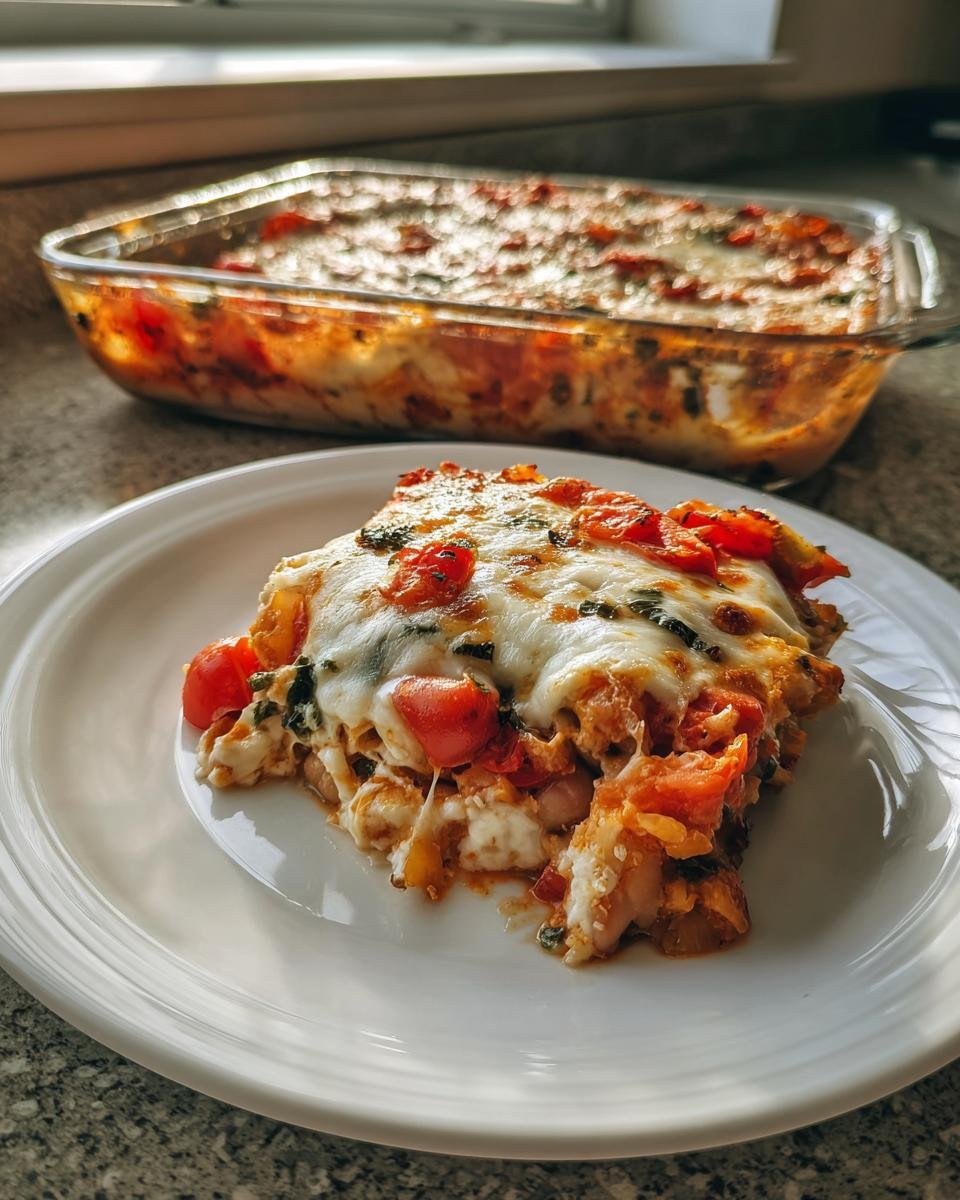 A serving of Cheesy Tomato White Bean Bake topped with melted cheese and cherry tomatoes on a white plate.
