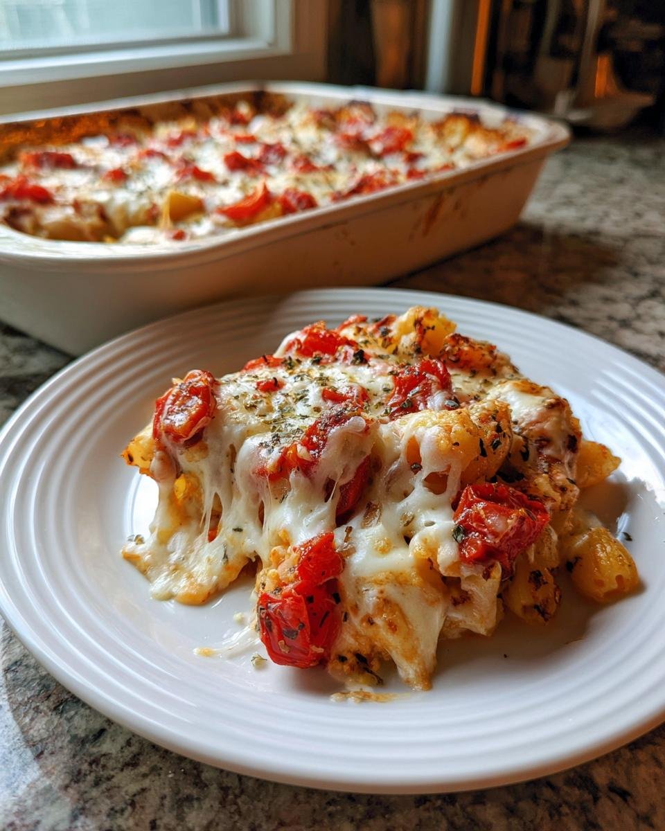 A serving of Cheesy Tomato White Bean Bake showing gooey melted cheese, roasted tomatoes, and herbs on a white plate.