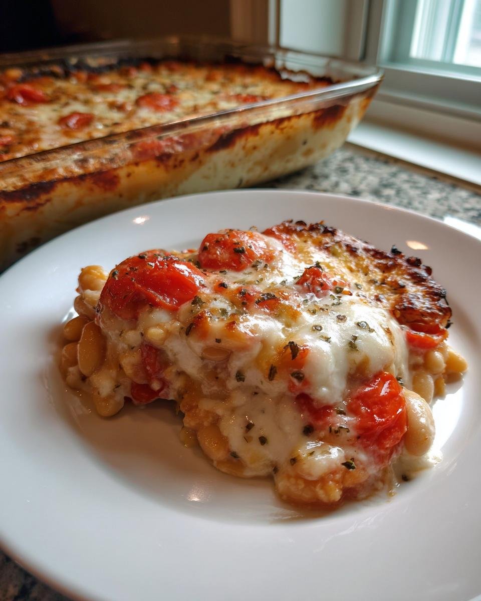 A close-up serving of Cheesy Tomato White Bean Bake topped with melted mozzarella and herbs, with the baking dish visible in the background.